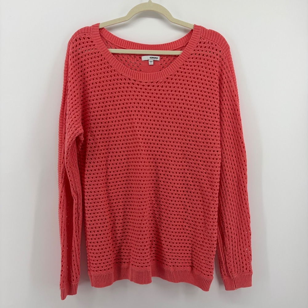 Sonoma Open Knit Sweater Coral Pink Womens Large Crochet Pullover Scoop‎ Neck